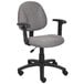 a grey office chair with black wheels