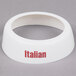 A white Tablecraft plastic collar with maroon text reading "Italian" on it.