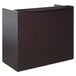 A mocha laminate reception desk shell with a black desk top.