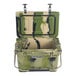 A green and camouflage CaterGator outdoor cooler with a handle.