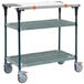 A grey three tiered Metro PrepMate cart with wheels.