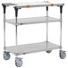 A Metro PrepMate MultiStation, a three tiered metal cart with wheels and a shelf.