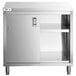 A Regency stainless steel enclosed base table with sliding doors and a midshelf.