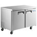 An Avantco stainless steel undercounter refrigerator with two doors on wheels.