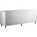 A white rectangular stainless steel dish cabinet on legs.