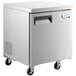 An Avantco stainless steel undercounter freezer with a door on wheels.