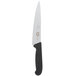 A Victorinox chef knife with a black handle.
