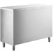 A white rectangular stainless steel dish cabinet with legs and a door.