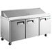 An Avantco stainless steel refrigerated sandwich prep table with three doors.