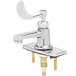 A silver T&S single basin faucet with a wrist action handle and white anti-rotation plate.