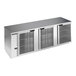 A stainless steel counter height back bar refrigerator with three glass doors and interior shelving.