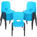 A stack of blue Lifetime children's chairs with black legs.