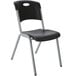 A black Lifetime stacking chair with silver legs.