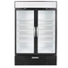 A black Beverage-Air MarketMax glass door freezer with double doors.