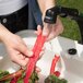 A person washing a red fish on a Lifetime white plastic folding table under a faucet.