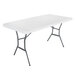 A white rectangular Lifetime plastic folding table with metal legs.