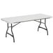 A Lifetime white rectangular table with black legs.