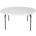 A Lifetime white round table with black legs.