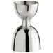 An Arcoroc stainless steel bell jigger with 1 oz. and 2 oz. measuring cups.