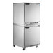 A stainless steel Beverage-Air double stacked undercounter refrigerator and freezer on 3" casters.