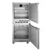 A silver Beverage-Air undercounter refrigerator and freezer with two doors open.