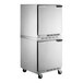 A stainless steel Beverage-Air undercounter refrigerator with left hinged doors on wheels.