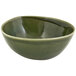 A close up of a leek green Front of the House porcelain bowl with a small rim.