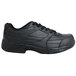 A pair of men's black leather athletic shoes with laces.