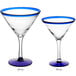 Two Acopa martini glasses with clear stems and blue rims and bases.