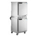 A stainless steel Beverage-Air UCR20HC-23 refrigerator with two doors on wheels.