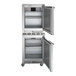 A Beverage-Air stainless steel double stacked undercounter freezer and refrigerator with two doors open.