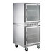 A Beverage-Air stainless steel cabinet with two glass door refrigerators.