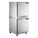 Two stainless steel Beverage-Air undercounter refrigerators on wheels with left hinged doors.