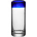 A clear Acopa shooter glass with a blue rim.