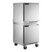 A stainless steel Beverage-Air undercounter refrigerator and freezer with wheels.