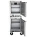 A stainless steel Beverage-Air undercounter freezer with two doors open.