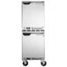 A stainless steel Beverage-Air undercounter freezer on wheels.