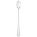 A silver spoon with a black handle.