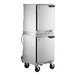 A double stacked silver Beverage-Air undercounter refrigerator and freezer with wheels.