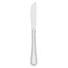 A silver stainless steel dinner knife with a white handle.