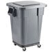 A Rubbermaid grey plastic bin on wheels with a lid.