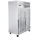 A Traulsen G Series glass door reach-in refrigerator with double doors.