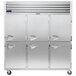 The right half of a large white Traulsen reach-in freezer with doors.