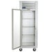 A white Traulsen G Series reach-in refrigerator with a left-hinged glass door.