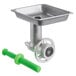 An Avantco meat grinder attachment with a green handle.