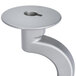 A silver metal dough hook with a hole in it.
