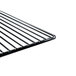 A chrome wire shelf for a refrigerator with a black metal grid.