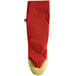 A red San Jamar Cool Touch puppet style oven mitt with a yellow cuff.