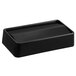 A black rectangular Carlisle Trimline trash can lid with a rectangular edge and a black handle.