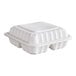 A white Ecopax plastic hinged take-out container with 3 compartments.